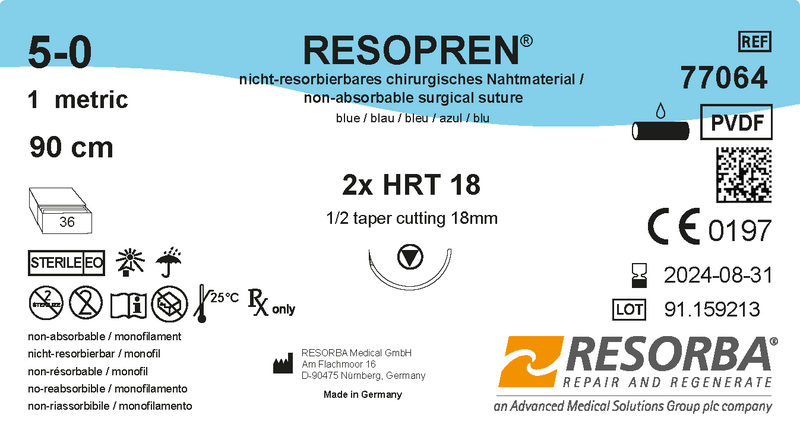 Резопрен USP5-0 синій, 90см, дві колючі голки з ріжучим вістрям 18мм, 1/2кола
